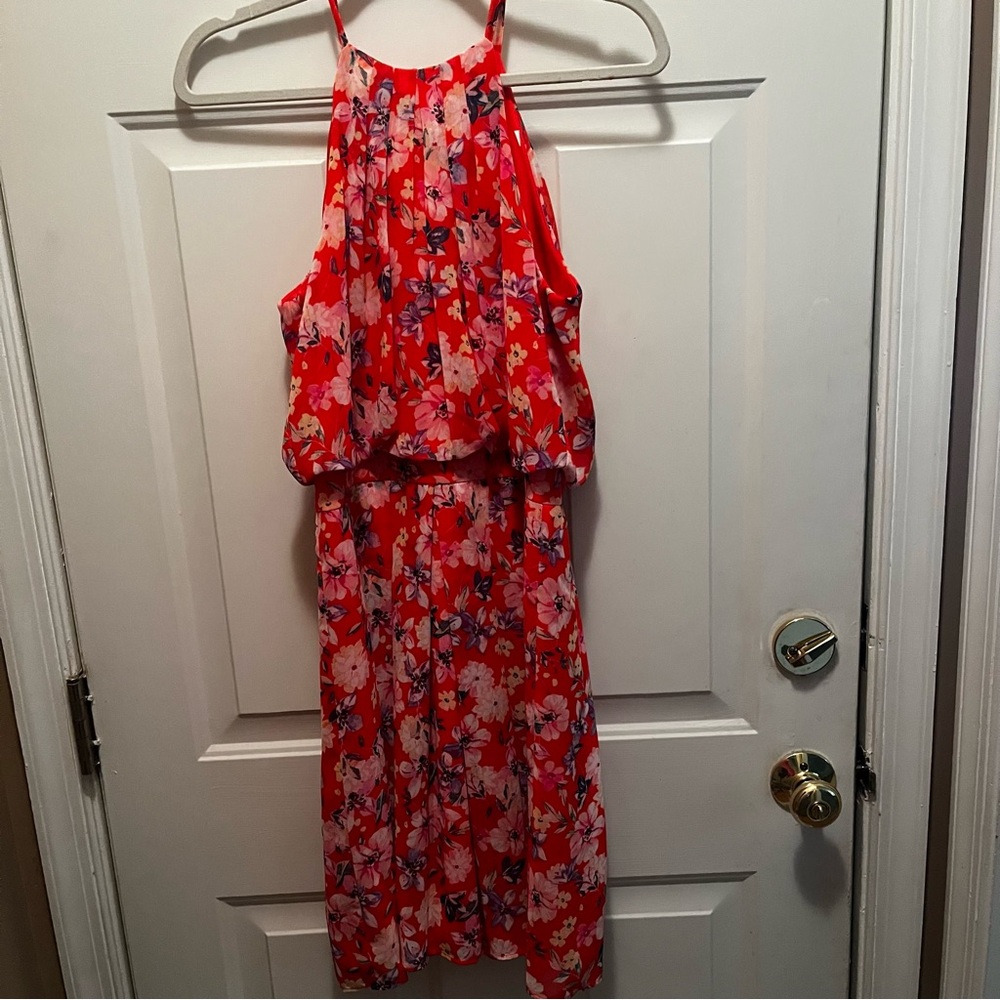 Eliza J Floral Halter Dress in Red and Purple Sz 6